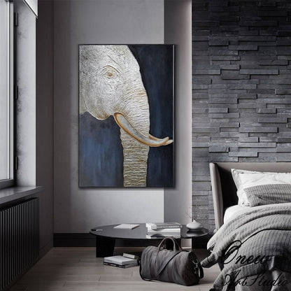 Large Abstract Elephant Oil Painting on Canvas, Original Silver Elephant Wall Art, Modern Minimalist Animal Wall Art for Living Room Bedroom