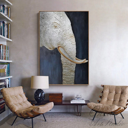 Large Abstract Elephant Oil Painting on Canvas, Original Silver Elephant Wall Art, Modern Minimalist Animal Wall Art for Living Room Bedroom