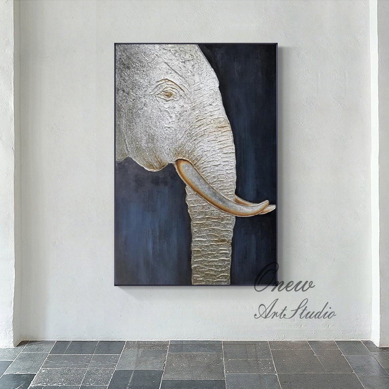 Large Abstract Elephant Oil Painting on Canvas, Original Silver Elephant Wall Art, Modern Minimalist Animal Wall Art for Living Room Bedroom