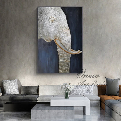 Large Abstract Elephant Oil Painting on Canvas, Original Silver Elephant Wall Art, Modern Minimalist Animal Wall Art for Living Room Bedroom