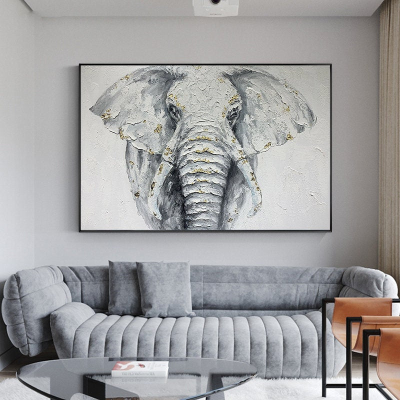 Large Abstract Elephant Oil Painting on Canvas, Original White Elephant Canvas Wall Art, Modern Animal Painting for Living Room, Home Décor