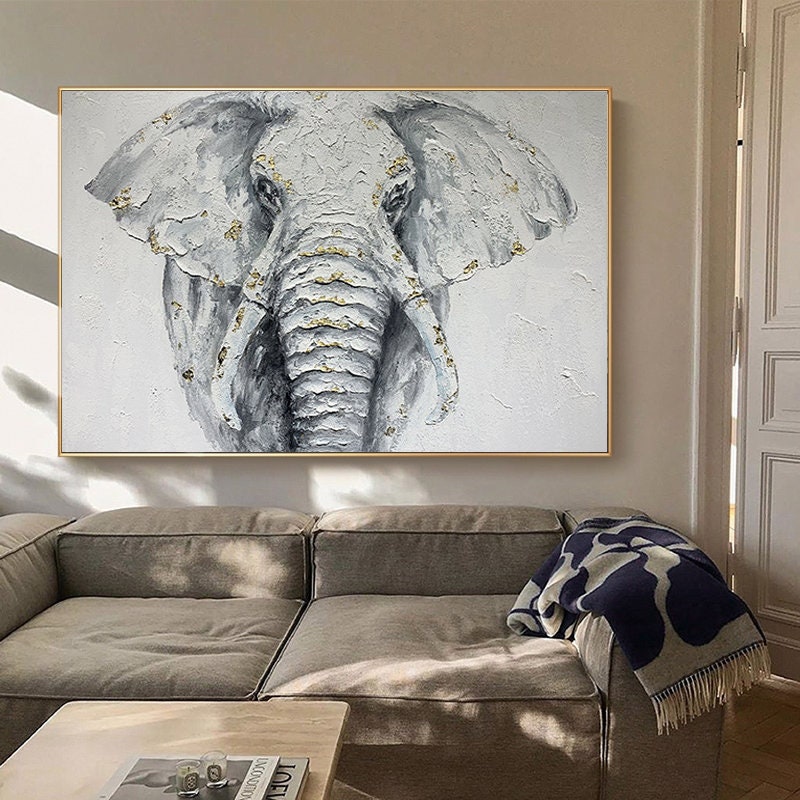 Large Abstract Elephant Oil Painting on Canvas, Original White Elephant Canvas Wall Art, Modern Animal Painting for Living Room, Home Décor