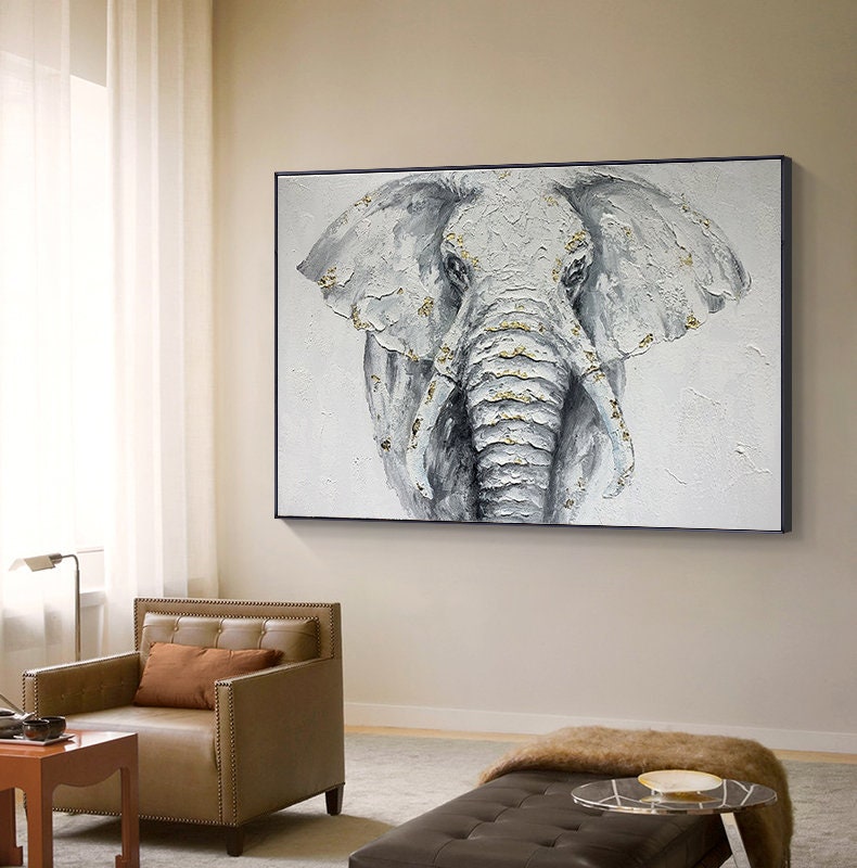 Large Abstract Elephant Oil Painting on Canvas, Original White Elephant Canvas Wall Art, Modern Animal Painting for Living Room, Home Décor