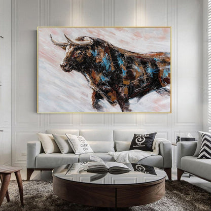 Abstract Bull Oil Painting on Canvas, Large Original Bull Canvas Wall Art, Modern Hand-painted Animal Painting for Living Room, Home Décor