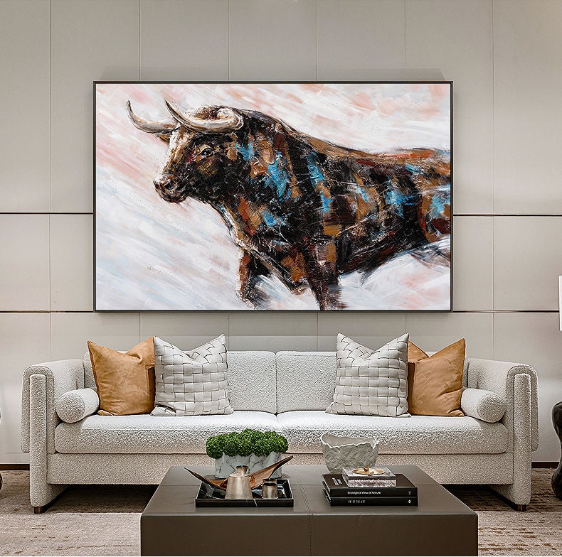 Abstract Bull Oil Painting on Canvas, Large Original Bull Canvas Wall Art, Modern Hand-painted Animal Painting for Living Room, Home Décor