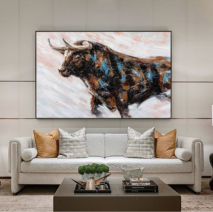 Abstract Bull Oil Painting on Canvas, Large Original Bull Canvas Wall Art, Modern Hand-painted Animal Painting for Living Room, Home Décor