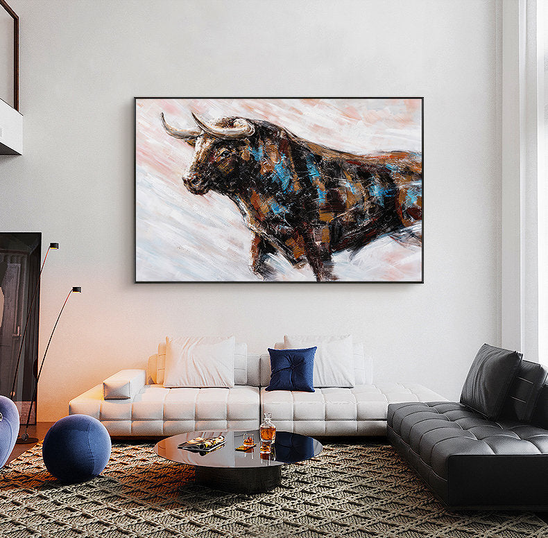 Abstract Bull Oil Painting on Canvas, Large Original Bull Canvas Wall Art, Modern Hand-painted Animal Painting for Living Room, Home Décor