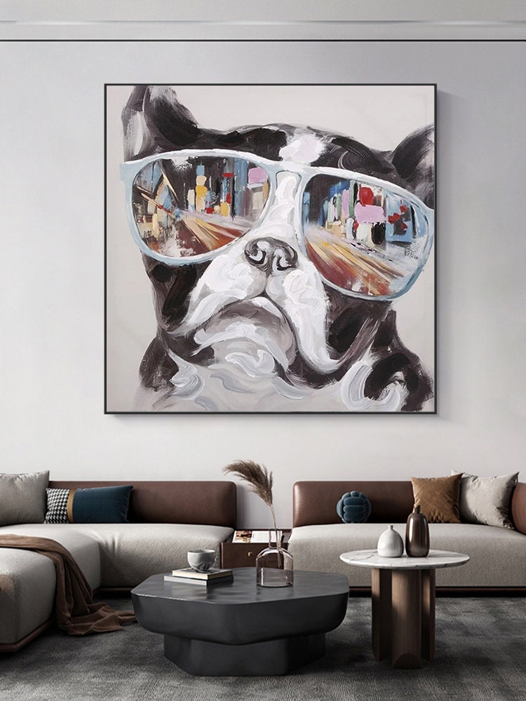 May include: A painting of a French Bulldog wearing blue sunglasses with a city reflection. The dog is looking directly at the viewer with a serious expression.