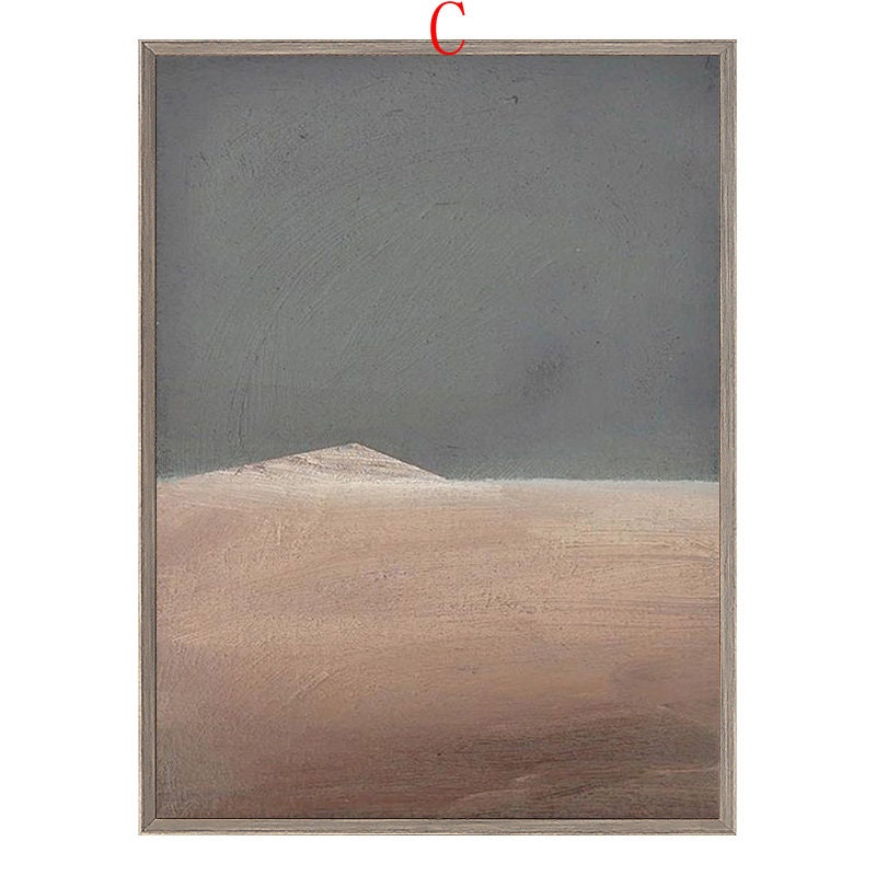 May include: Abstract painting of a desert landscape with a single, small hill in the foreground. The sky is a muted gray, and the desert is a pale brown with hints of pink.