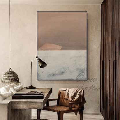 May include: Abstract painting with a brown, beige, and white color scheme. The painting is framed and hanging on a wall in a room with a desk and chair.