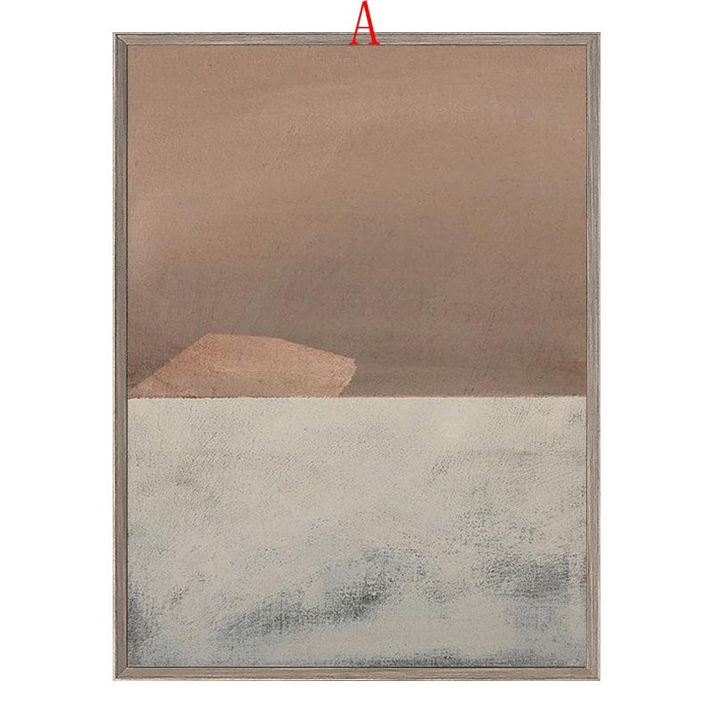 May include: Abstract painting in a light brown frame. The painting features a light brown background with a horizontal band of light gray. A small, light brown shape sits on top of the gray band.