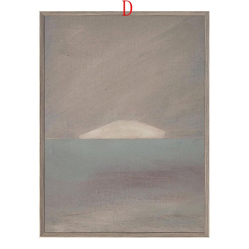 May include: Abstract painting with a light gray background and a white shape in the center, resembling a small island. The bottom half of the painting is a light blue color with a hint of purple.