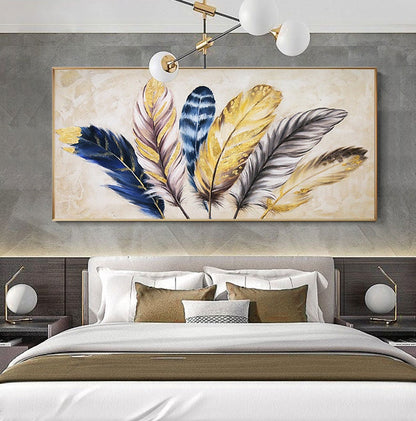 May include: A painting of a group of colorful feathers with gold accents on a beige background. The feathers are arranged in a fan shape and have a variety of textures and patterns.