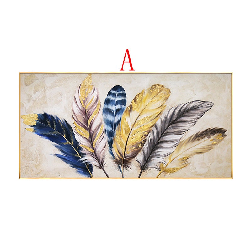 May include: A framed canvas painting featuring a cluster of colorful feathers in shades of blue, gold, and purple. The feathers are arranged in a fan shape and have a textured, realistic appearance.