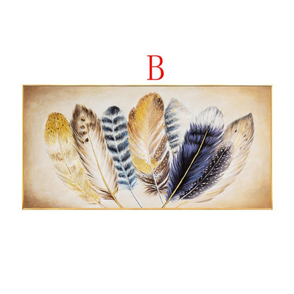 May include: A painting of a group of feathers in shades of brown, gold, and blue. The feathers are arranged in a fan shape and have a soft, textured appearance.