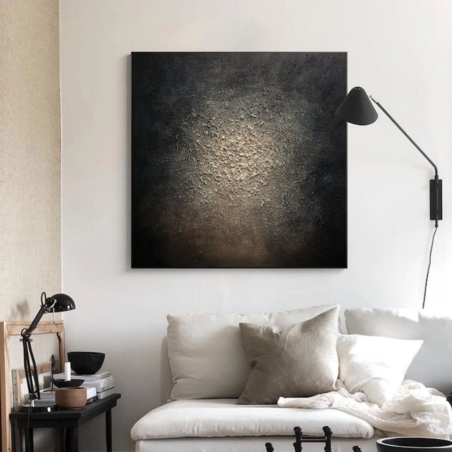 Large Black Textured Abstract Painting – Gold Wall Art