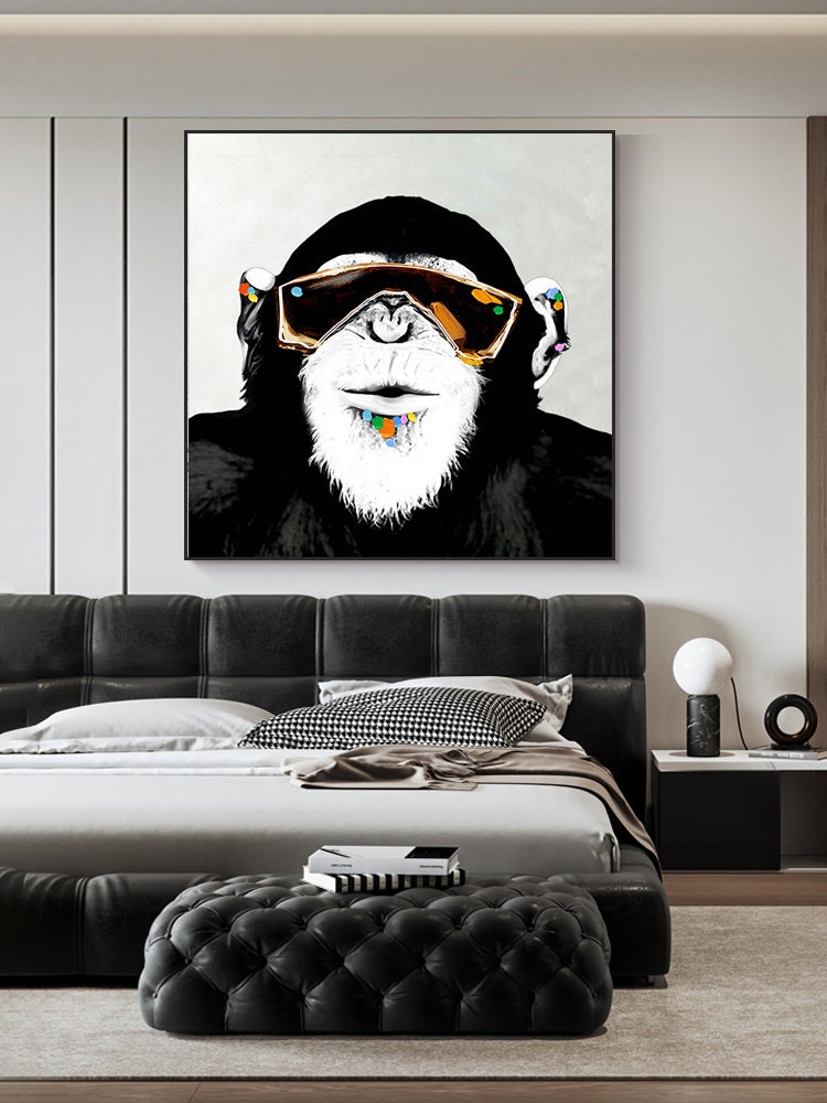 Abstract Monkey Oil Painting On Canvas, Large Original Monkey Canvas Wall Art, Modern Banksy Gorilla Wall Art for Living Room, Bedroom Decor