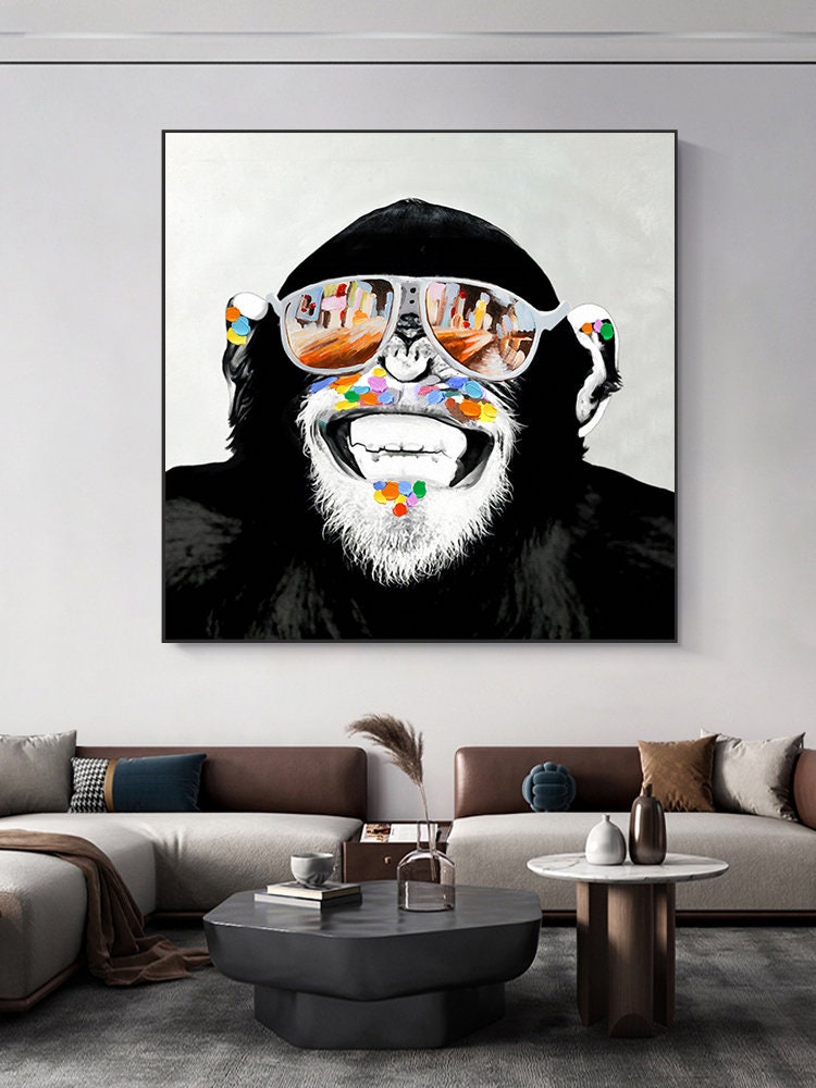 Abstract Monkey Oil Painting On Canvas, Large Original Monkey Canvas Wall Art, Modern Banksy Gorilla Wall Art for Living Room, Bedroom Decor