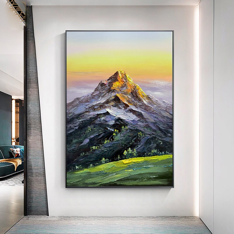 Original Mountain Oil Painting on Canvas, Large Abstract Landscape Canvas Wall Art, Golden Mountain Wall Art for Living Room, Home Décor