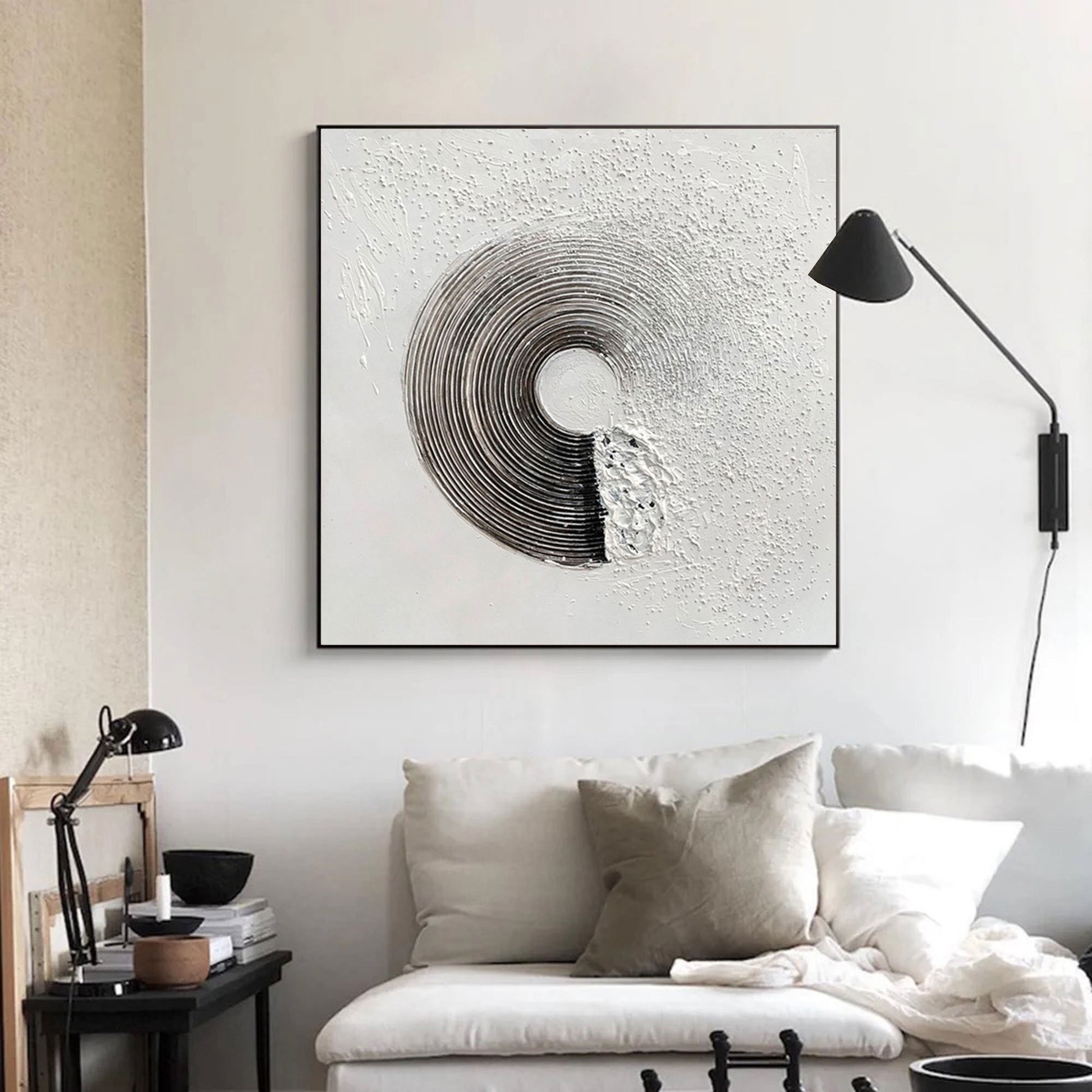 Black and White Textured Abstract Painting – Framed Minimalist Wall Art