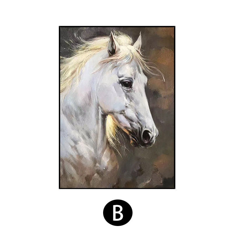 May include: A painting of a white horse's head and neck. The horse is facing to the right, and the background is a dark brown.