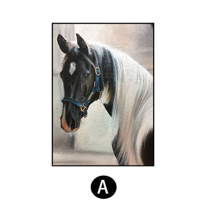 May include: A painting of a black and white horse with a blue halter. The horse has a white star on its forehead and a long white mane and tail.