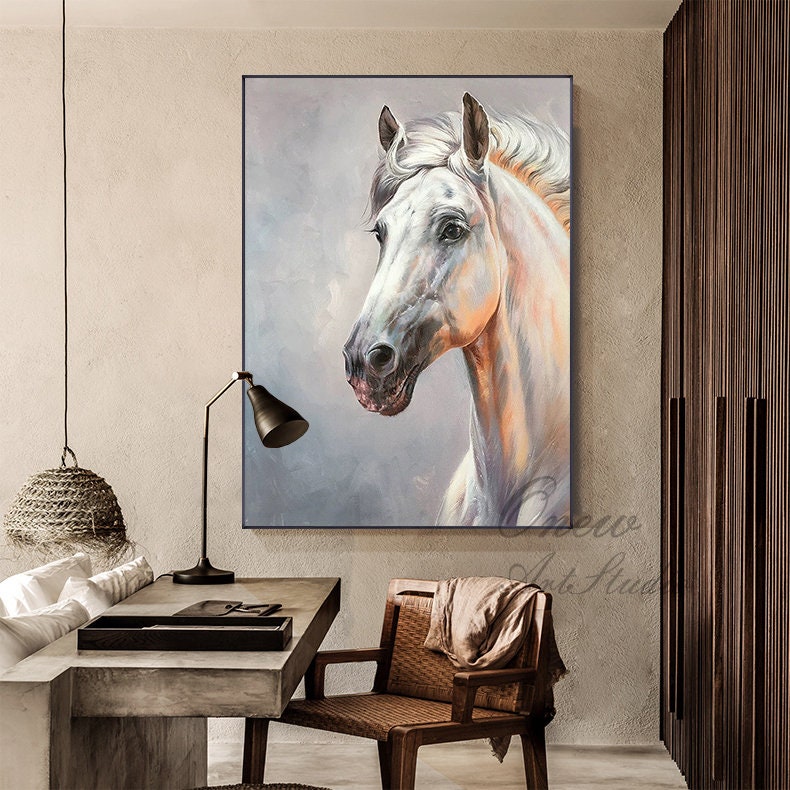 May include: A painting of a white horse's head and neck. The horse has a light brown mane and tail. The background is a light blue and purple.