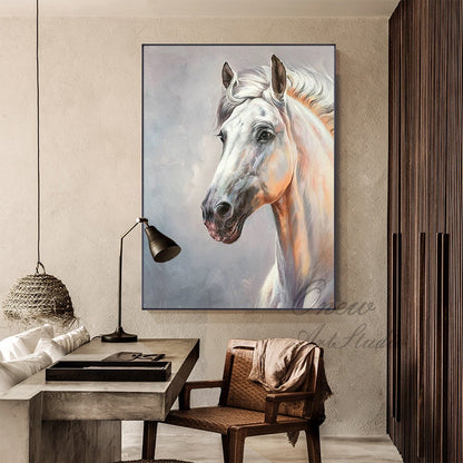May include: A painting of a white horse's head and neck. The horse has a light brown mane and tail. The background is a light blue and purple.