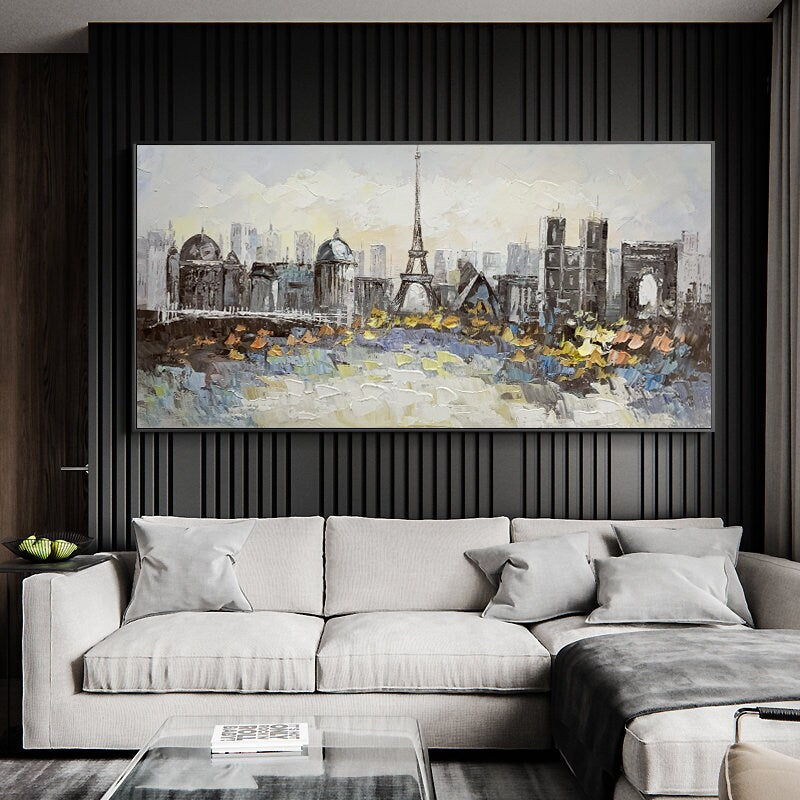 May include: A painting of a cityscape with the Eiffel Tower in the center. The painting is done in a painterly style with a lot of texture. The colors are muted and the overall effect is one of a dreamy, romantic city.