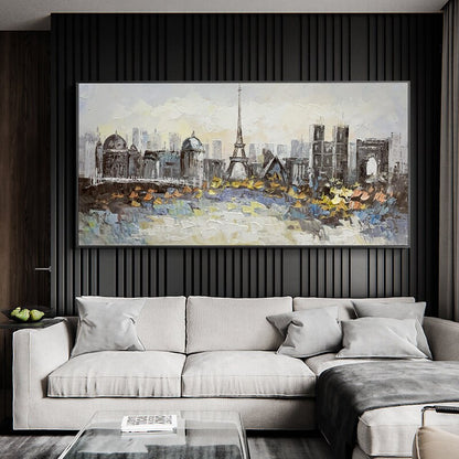 May include: A painting of a cityscape with the Eiffel Tower in the center. The painting is done in a painterly style with a lot of texture. The colors are muted and the overall effect is one of a dreamy, romantic city.