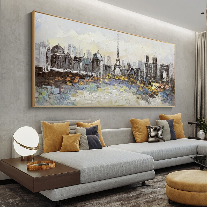 May include: A painting of a cityscape with the Eiffel Tower in the center. The painting is done in a textured style with a palette of gray, white, and black.