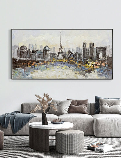May include: A painting of a cityscape with the Eiffel Tower in the center. The painting is done in a textured style with a palette of gray, white, and yellow.