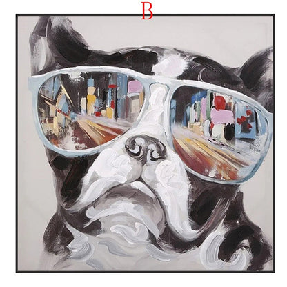 May include: A painting of a dog wearing sunglasses. The dog's face is painted in a realistic style, with the sunglasses reflecting a city scene. The background is a light gray.