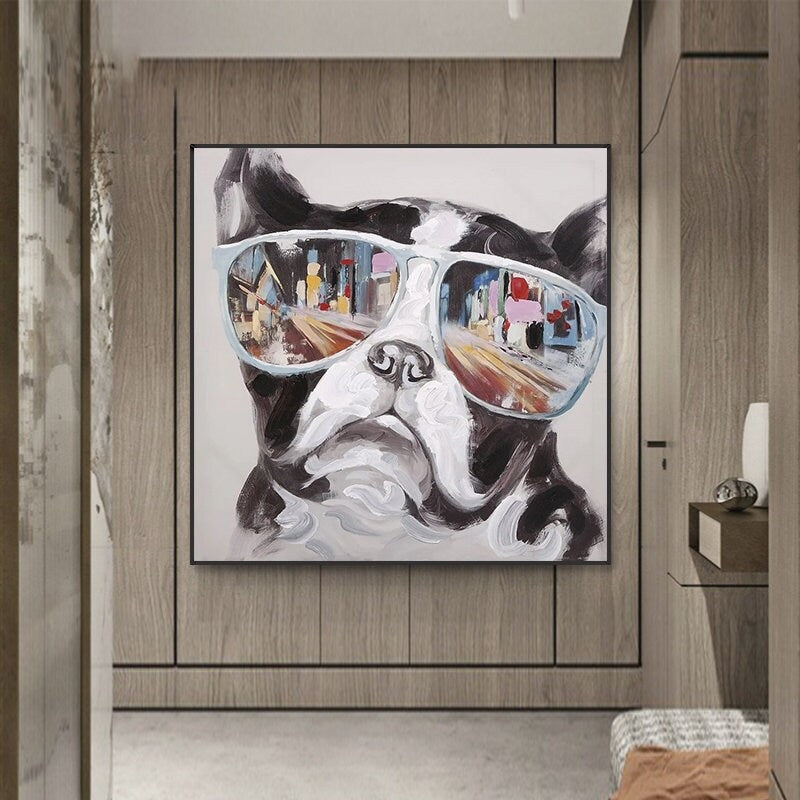 May include: A painting of a dog wearing sunglasses. The sunglasses reflect a city scene. The dog is painted in a realistic style with a black and white fur pattern.