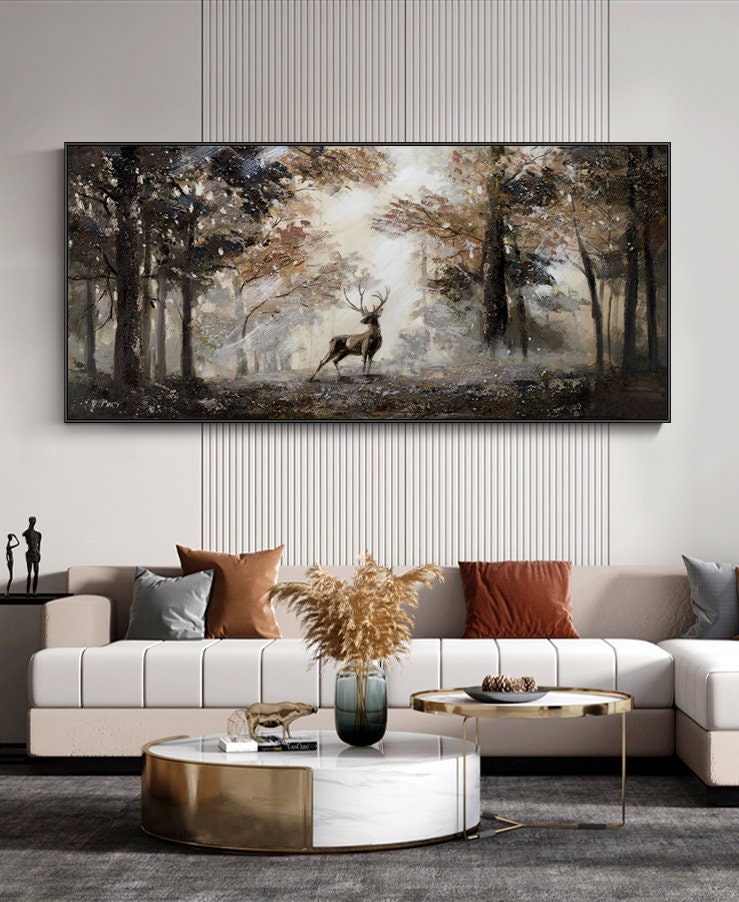 Impressionist Landscape Oil Painting on Canvas, Large Original Forest and Deer Canvas Wall Art, Modern Trees and Stag Painting for Bedroom
