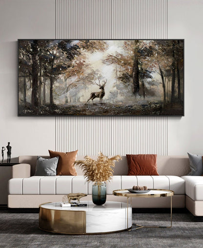 Impressionist Landscape Oil Painting on Canvas, Large Original Forest and Deer Canvas Wall Art, Modern Trees and Stag Painting for Bedroom
