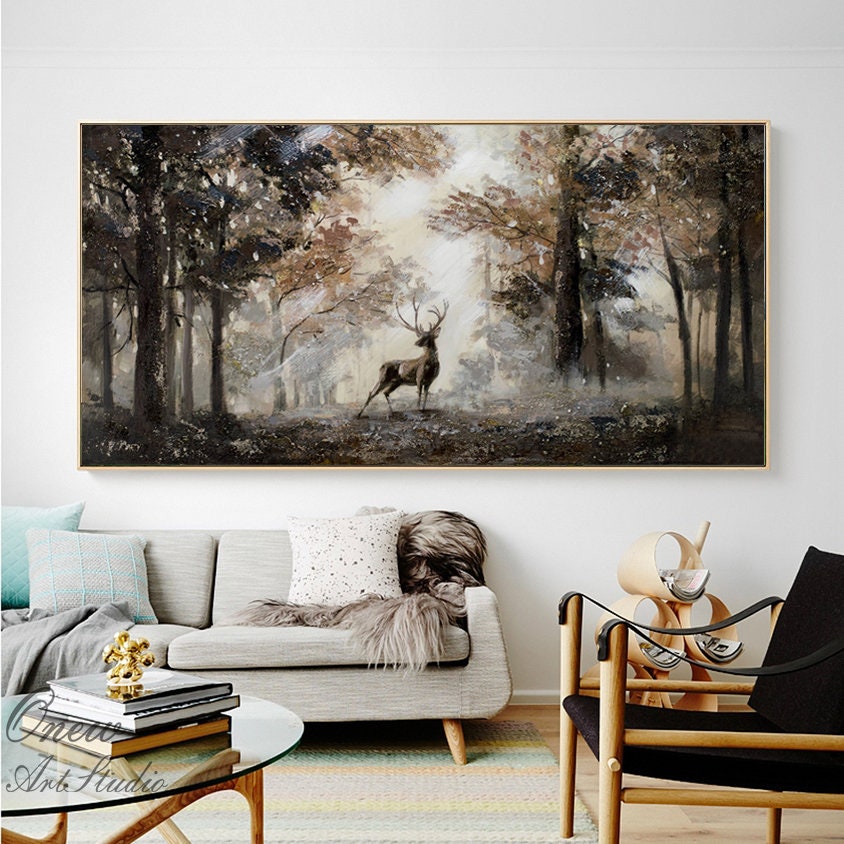 Impressionist Landscape Oil Painting on Canvas, Large Original Forest and Deer Canvas Wall Art, Modern Trees and Stag Painting for Bedroom