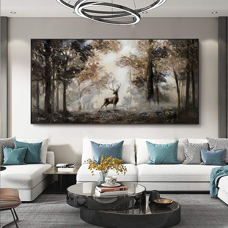Impressionist Landscape Oil Painting on Canvas, Large Original Forest and Deer Canvas Wall Art, Modern Trees and Stag Painting for Bedroom