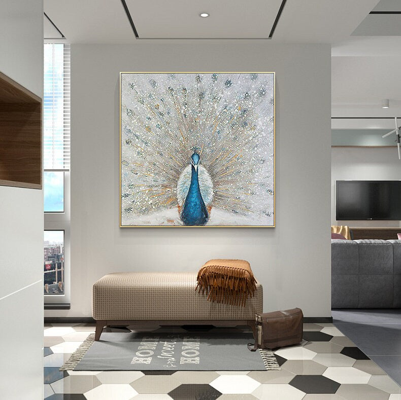 Large Abstract Peacock Oil Painting on Canvas, Original Hand-painted Peacock Canvas Wall Art, Modern Animal Wall Art for Living Room Bedroom
