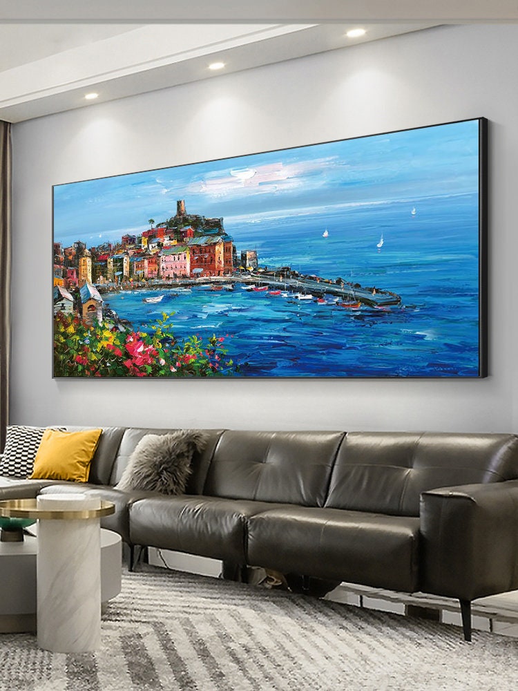 Original Mediterranean-sea Oil Painting on Canvas, Impressionist Coastal Cityscape Canvas Wall Art, Modern Seascape Painting for Living Room