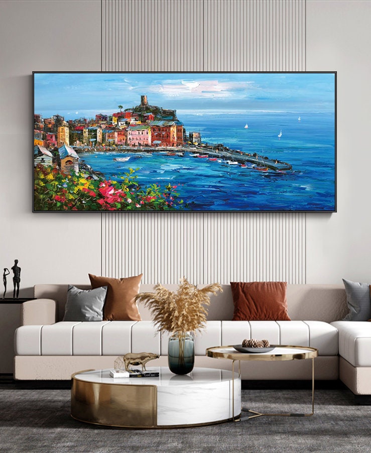 Original Mediterranean-sea Oil Painting on Canvas, Impressionist Coastal Cityscape Canvas Wall Art, Modern Seascape Painting for Living Room
