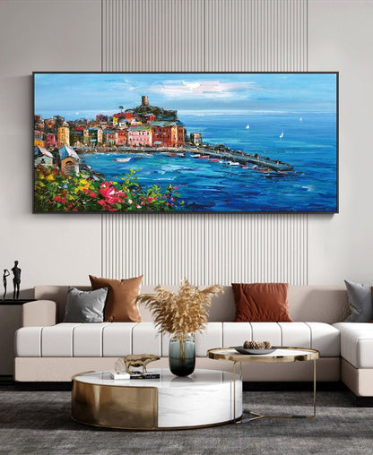 Original Mediterranean-sea Oil Painting on Canvas, Impressionist Coastal Cityscape Canvas Wall Art, Modern Seascape Painting for Living Room