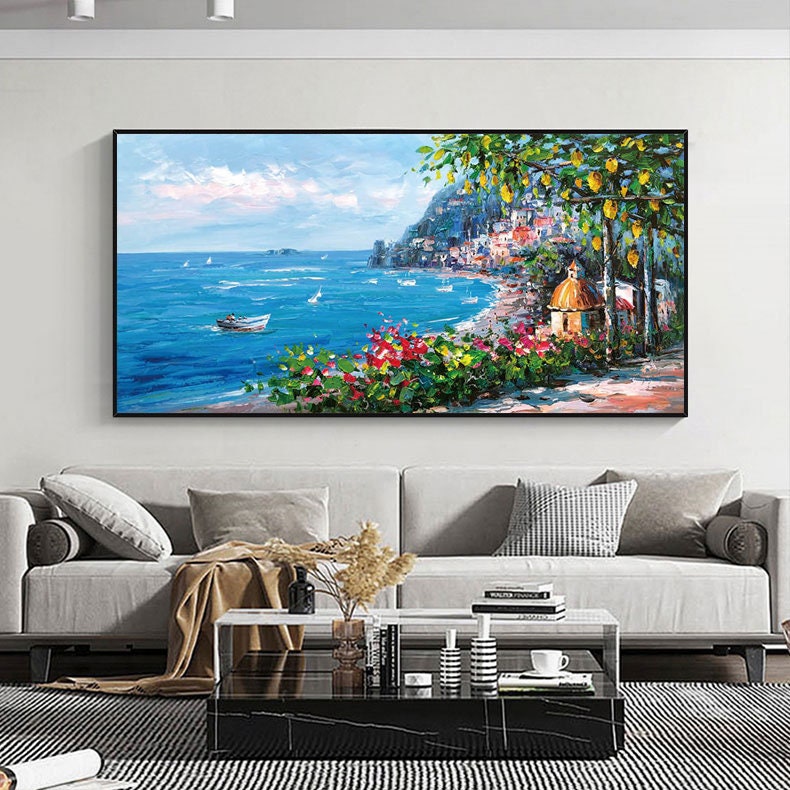 Impressionist Mediterranean-sea Canvas Wall Art, Original Coastal Cityscape Oil Painting on canvas, Modern Seascape Painting for Living Room