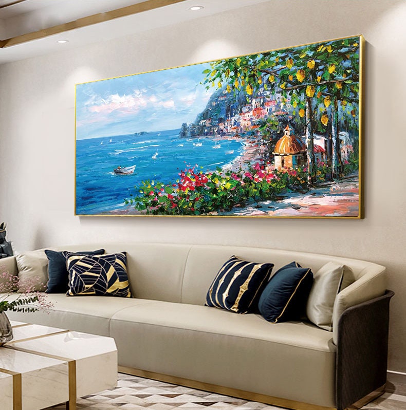 Impressionist Mediterranean-sea Canvas Wall Art, Original Coastal Cityscape Oil Painting on canvas, Modern Seascape Painting for Living Room