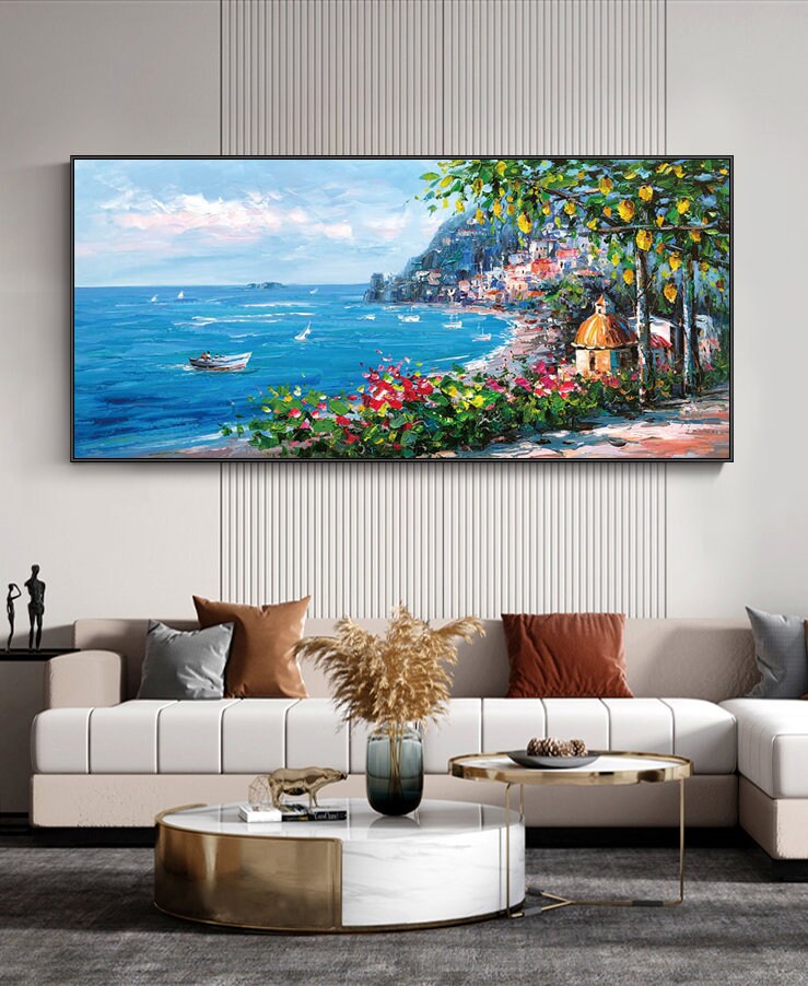 Impressionist Mediterranean-sea Canvas Wall Art, Original Coastal Cityscape Oil Painting on canvas, Modern Seascape Painting for Living Room