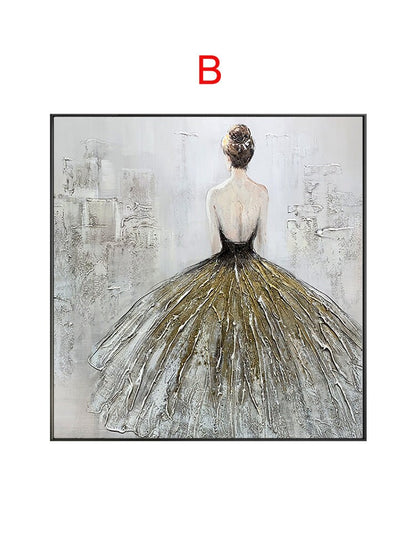 May include: A painting of a woman in a long, flowing gold and white dress with a black bodice. The background is a muted gray with abstract shapes.