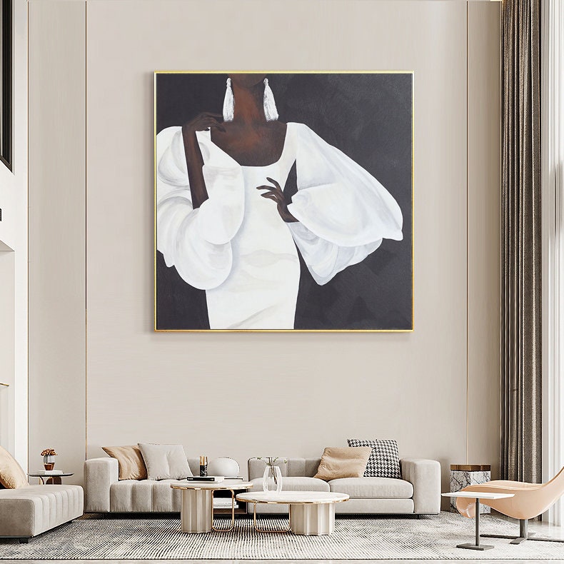 Abstract Black Woman Figure Canvas Wall Art, Modern African Woman Oil Painting on Canvas, Large Minimalist Figure Wall Art for Living Room