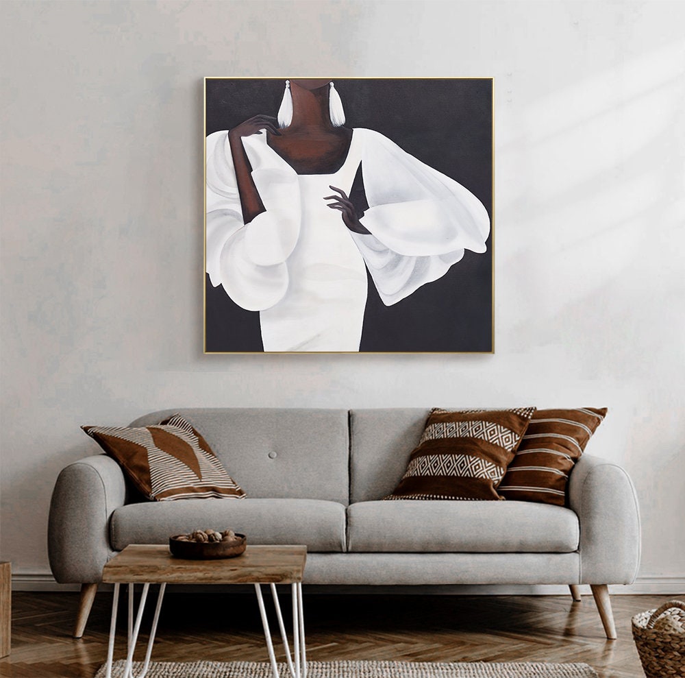 Abstract Black Woman Figure Canvas Wall Art, Modern African Woman Oil Painting on Canvas, Large Minimalist Figure Wall Art for Living Room