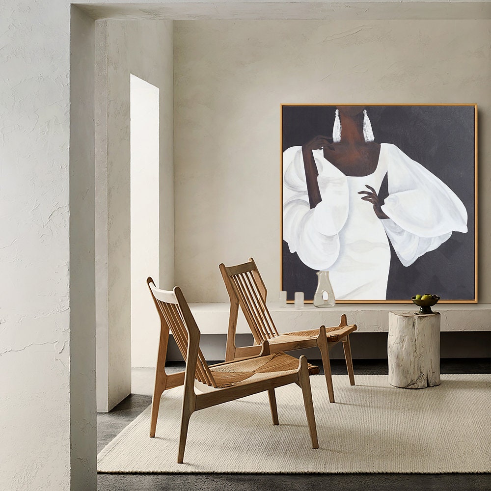 Abstract Black Woman Figure Canvas Wall Art, Modern African Woman Oil Painting on Canvas, Large Minimalist Figure Wall Art for Living Room
