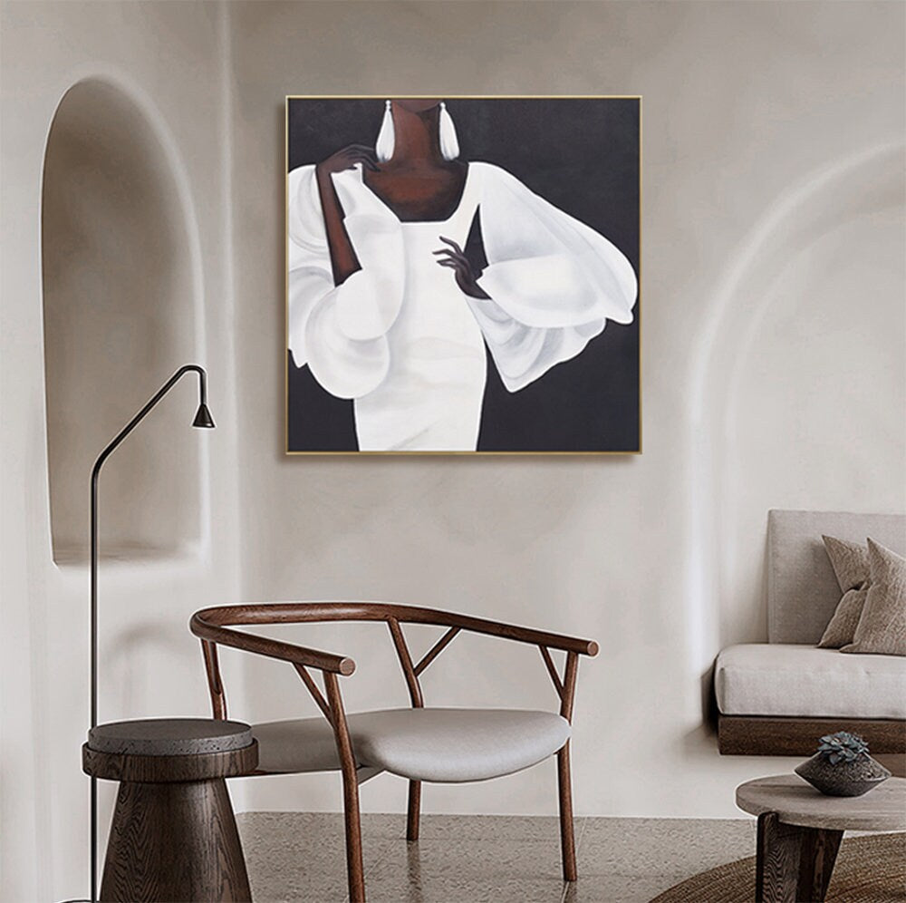 Abstract Black Woman Figure Canvas Wall Art, Modern African Woman Oil Painting on Canvas, Large Minimalist Figure Wall Art for Living Room